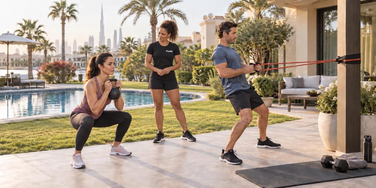 A couple training with a FamFit coach beside their private pool in Dubai